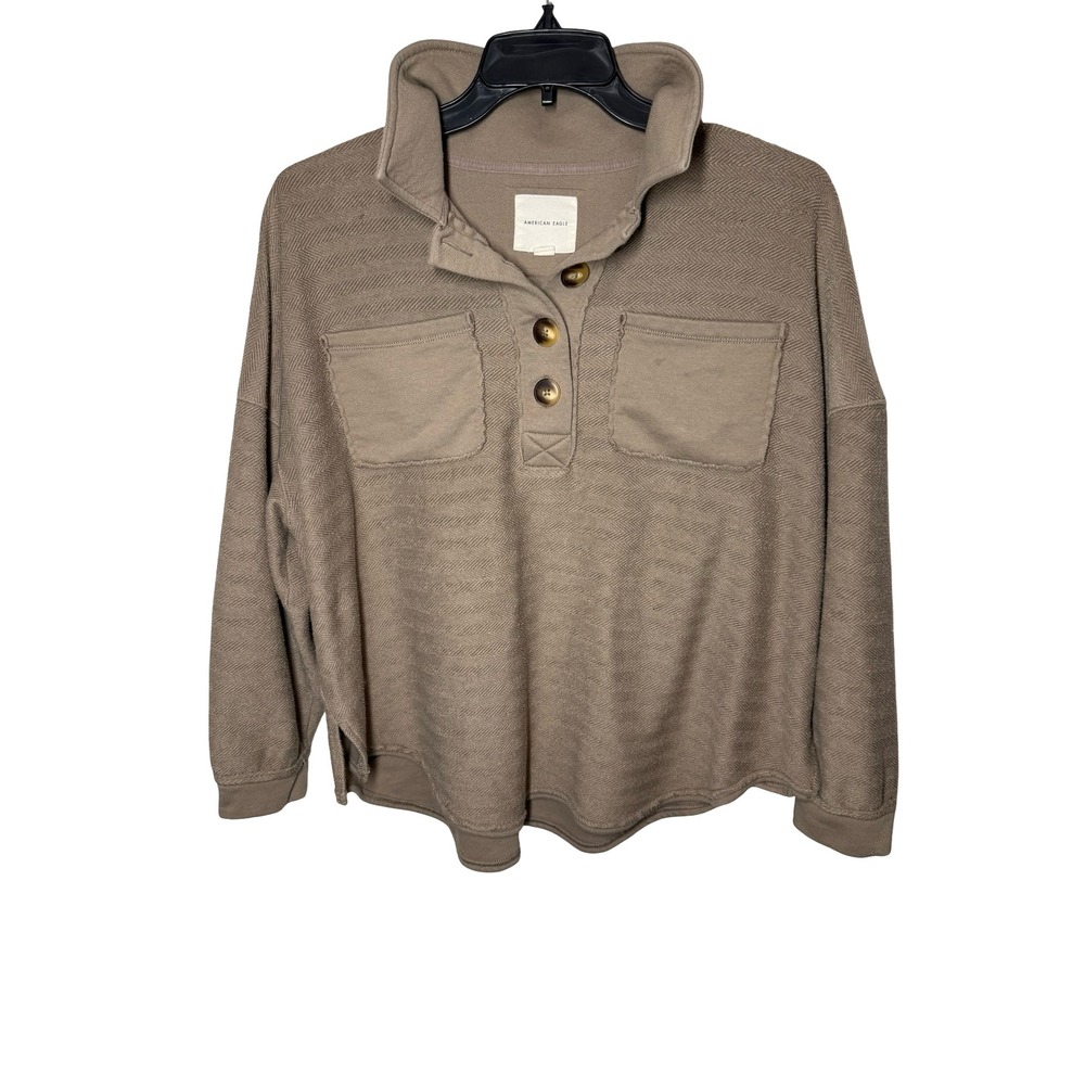 Womens AE Taupe Herringbone Henley Pullover‎ Sweatshirt Small Oversized